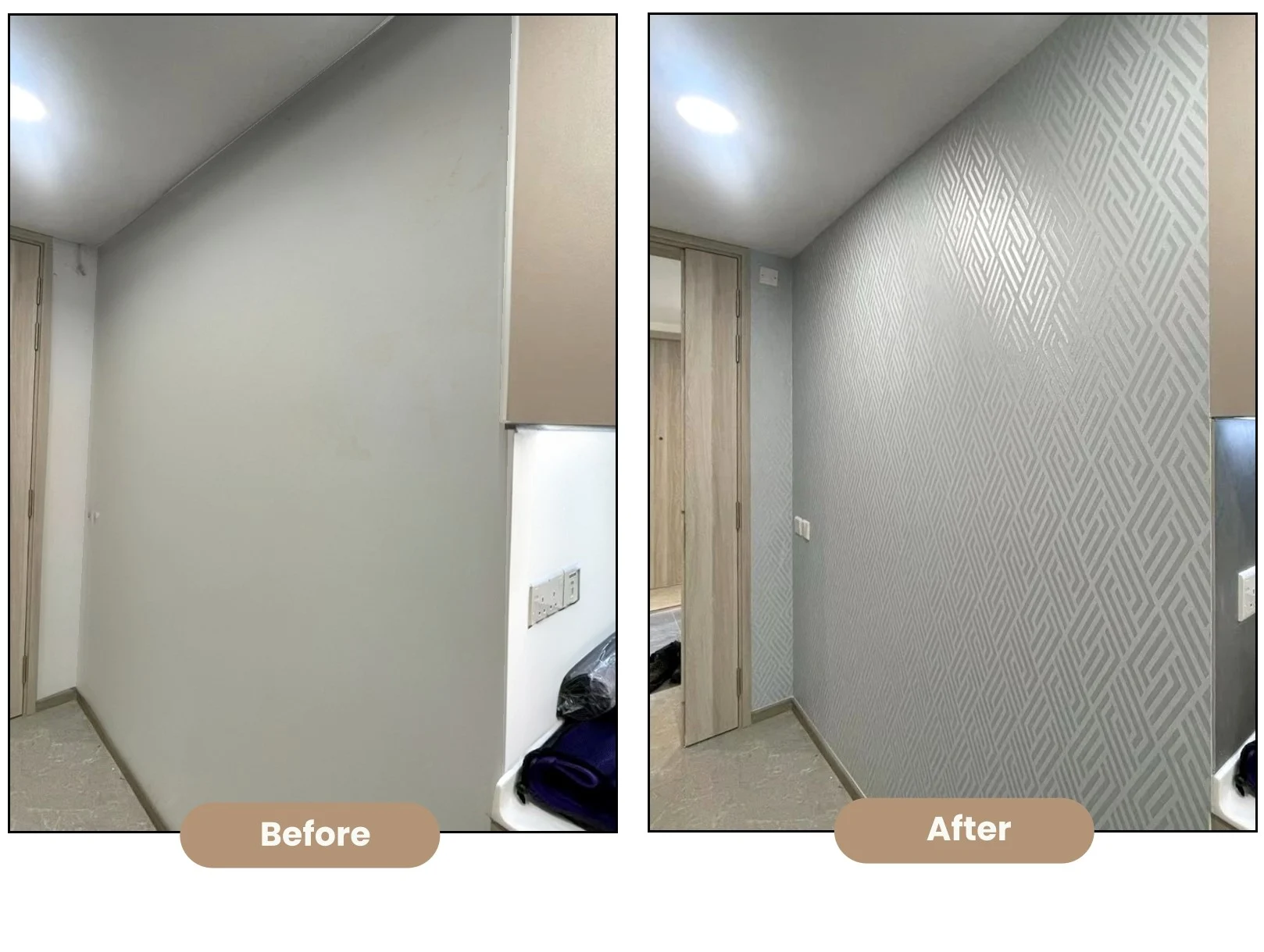 Hallway wall: Before and after geometric wallpaper
